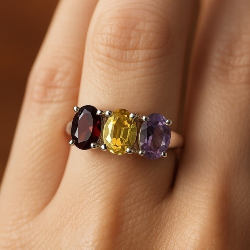 Triple Oval Natural Gemstone Garnet Citrine Amethyst 925 Silver NWOT 7 9.5 378-9